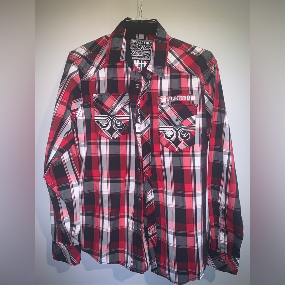 NWT Affliction Men's L  Plaid Long Sleeve Button Up Embroidered Shirt Live Fast